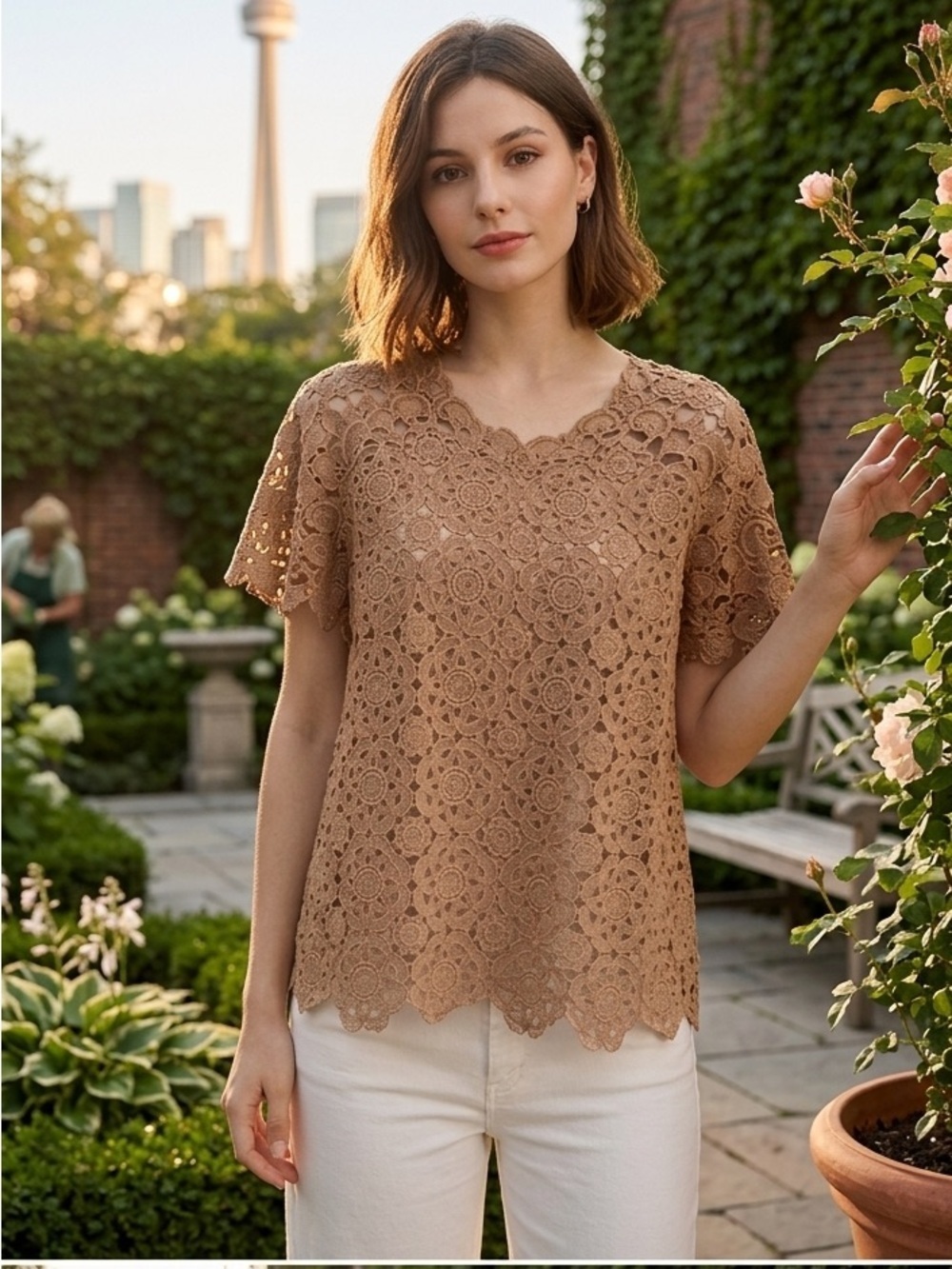 Vivienne Tam Vintage Purple Label 3D Floral Lace Cheongsam Top Tan Small